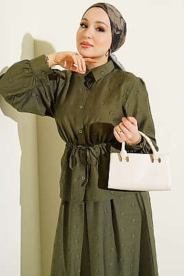 Bel Tünelli Puantiyeli Etekli İkili Takım Haki - İkili Takım