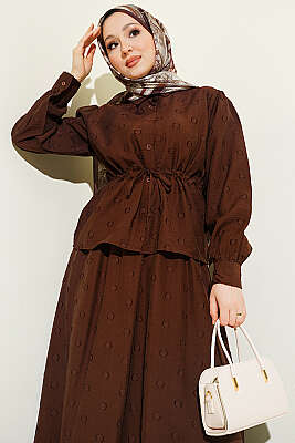 Bel Tünelli Puantiyeli Etekli İkili Takım Kahve 