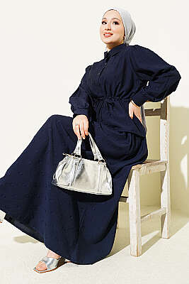 Bel Tünelli Puantiyeli Etekli İkili Takım Lacivert 