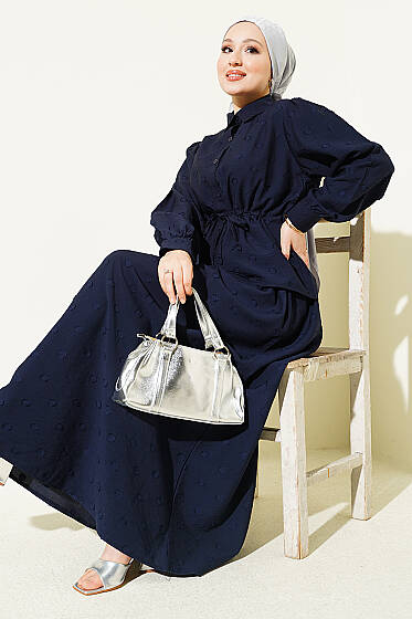 Bel Tünelli Puantiyeli Etekli İkili Takım Lacivert - İkili Takım