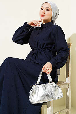 Bel Tünelli Puantiyeli Etekli İkili Takım Lacivert - İkili Takım