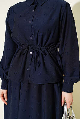 Bel Tünelli Puantiyeli Etekli İkili Takım Lacivert - İkili Takım