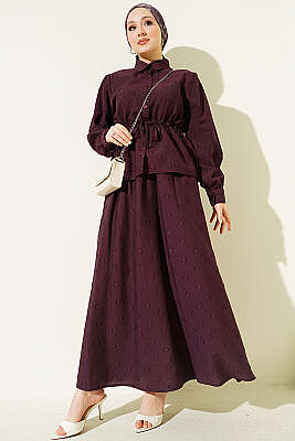 Bel Tünelli Puantiyeli Etekli İkili Takım Mürdüm - DESTİNA