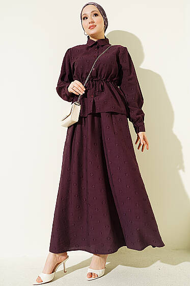 Bel Tünelli Puantiyeli Etekli İkili Takım Mürdüm - İkili Takım