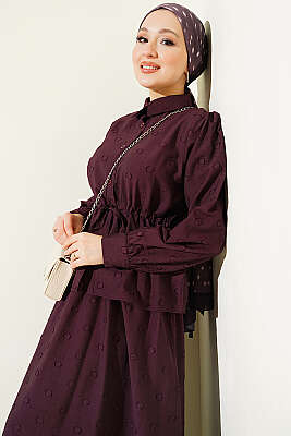 Bel Tünelli Puantiyeli Etekli İkili Takım Mürdüm - İkili Takım