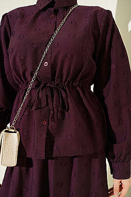 Bel Tünelli Puantiyeli Etekli İkili Takım Mürdüm - İkili Takım