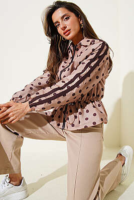 Bel Tünelli Puantiyeli Kısa Ceket Kahve - LEVURE