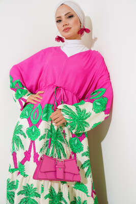 Bel Tünelli Salaş Elbise Fuşya Yeşil - Tesettür Elbise