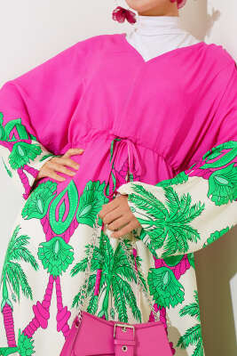 Bel Tünelli Salaş Elbise Fuşya Yeşil - Tesettür Elbise