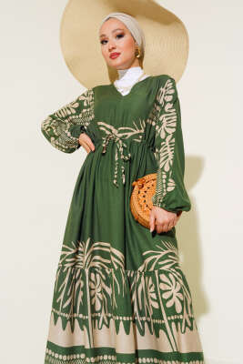 Bel Tünelli Salaş Elbise Haki - Tesettür Elbise