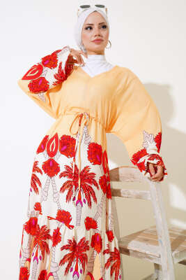 Bel Tünelli Salaş Elbise Hardal Kiremit - Tesettür Elbise