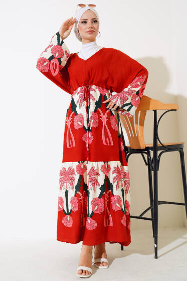 Bel Tünelli Salaş Elbise Kiremit Pudra - Elbise