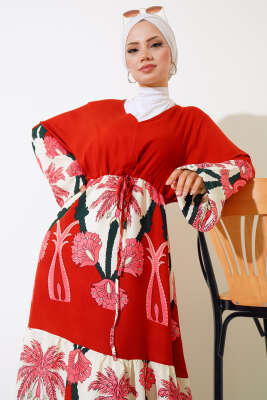 Bel Tünelli Salaş Elbise Kiremit Pudra - Tesettür Elbise