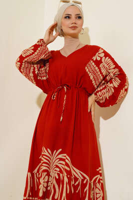 Bel Tünelli Salaş Elbise Kiremit - Tesettür Elbise