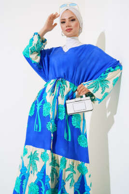 Bel Tünelli Salaş Elbise Saks Mint - Tesettür Elbise