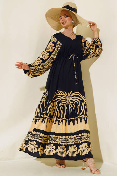 Bel Tünelli Salaş Elbise Siyah Bej - Elbise