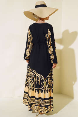 Bel Tünelli Salaş Elbise Siyah Bej - Tesettür Elbise