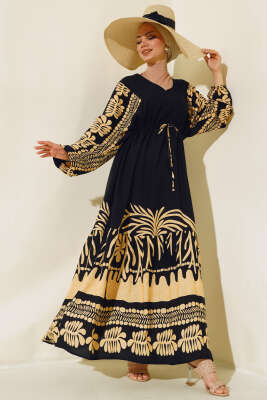 Bel Tünelli Salaş Elbise Siyah Bej - YÖNE TEKSTİL