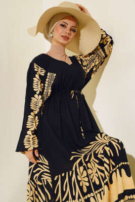 Bel Tünelli Salaş Elbise Siyah Bej - Tesettür Elbise