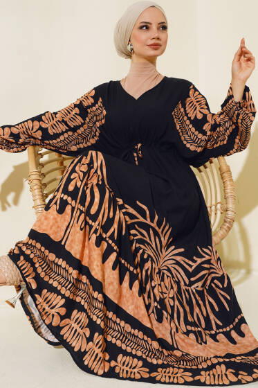 Bel Tünelli Salaş Elbise Siyah Taba - Elbise