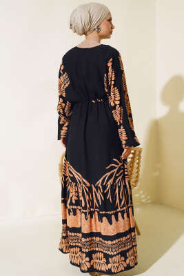 Bel Tünelli Salaş Elbise Siyah Taba - Tesettür Elbise