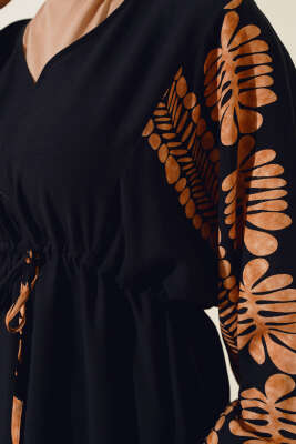 Bel Tünelli Salaş Elbise Siyah Taba - Tesettür Elbise