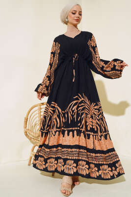 Bel Tünelli Salaş Elbise Siyah Taba - Tesettür Elbise