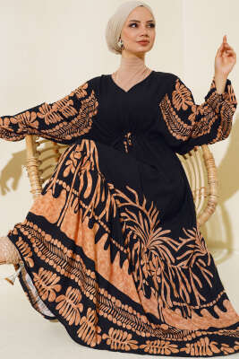 Bel Tünelli Salaş Elbise Siyah Taba 