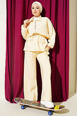 Bel Tünelli Şerit Detaylı İkili Takım Sarı - HATUN