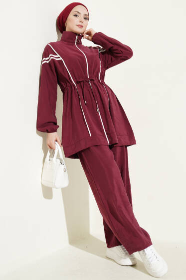 Bel Tünelli Şeritli Modal İkili Takım Bordo - İkili Takım