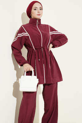 Bel Tünelli Şeritli Modal İkili Takım Bordo - İkili Takım