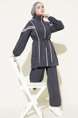 Bel Tünelli Şeritli Modal İkili Takım Füme - NESSİA