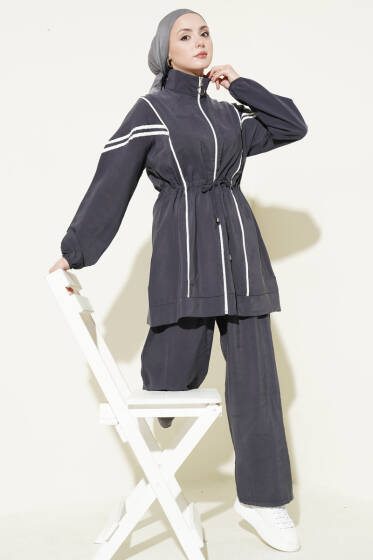 Bel Tünelli Şeritli Modal İkili Takım Füme - İkili Takım