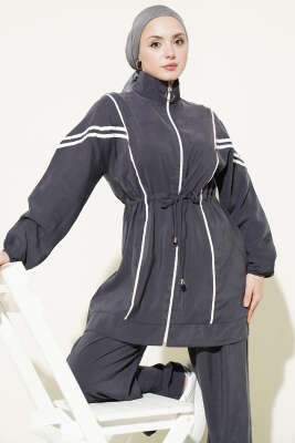 Bel Tünelli Şeritli Modal İkili Takım Füme - İkili Takım