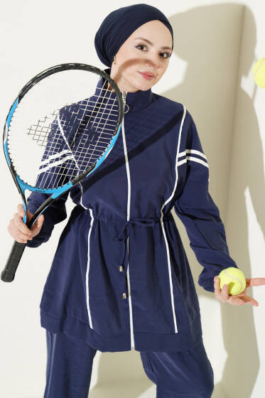 Bel Tünelli Şeritli Modal İkili Takım Lacivert - İkili Takım