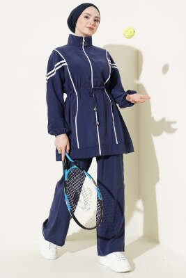 Bel Tünelli Şeritli Modal İkili Takım Lacivert - İkili Takım