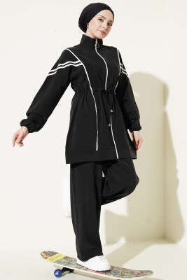 Bel Tünelli Şeritli Modal İkili Takım Siyah - NESSİA