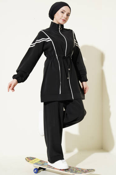 Bel Tünelli Şeritli Modal İkili Takım Siyah - İkili Takım