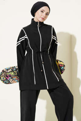 Bel Tünelli Şeritli Modal İkili Takım Siyah - İkili Takım