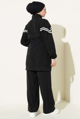 Bel Tünelli Şeritli Modal İkili Takım Siyah - İkili Takım