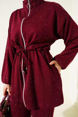 Bel Tünelli Simli Loyşa İkili Takım Bordo - İkili Takım