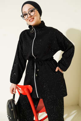 Bel Tünelli Simli Loyşa İkili Takım Siyah - İkili Takım