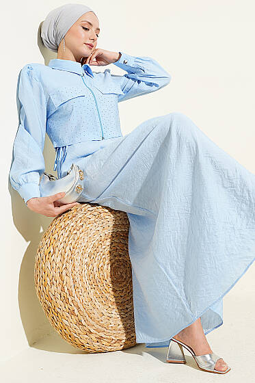 Bel Tünelli Taşlı Ceketli Jile Takım Bebe Mavi - İkili Takım