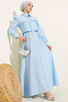 Bel Tünelli Taşlı Ceketli Jile Takım Bebe Mavi - İkili Takım