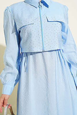 Bel Tünelli Taşlı Ceketli Jile Takım Bebe Mavi - İkili Takım