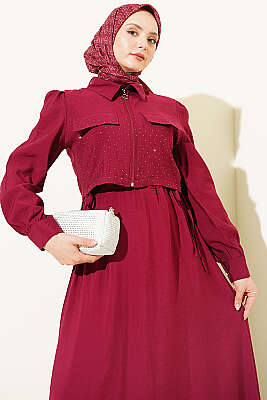 Bel Tünelli Taşlı Ceketli Jile Takım Bordo - ASME