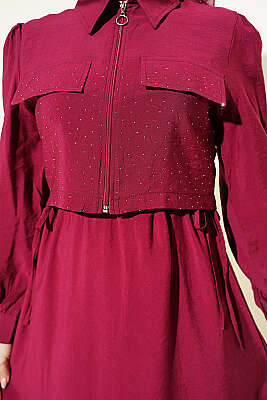 Bel Tünelli Taşlı Ceketli Jile Takım Bordo - İkili Takım