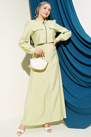 Bel Tünelli Taşlı Ceketli Jile Takım Fıstık Yeşili - İkili Takım