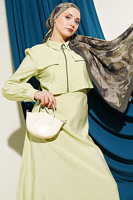 Bel Tünelli Taşlı Ceketli Jile Takım Fıstık Yeşili - İkili Takım