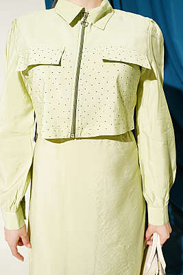 Bel Tünelli Taşlı Ceketli Jile Takım Fıstık Yeşili - İkili Takım